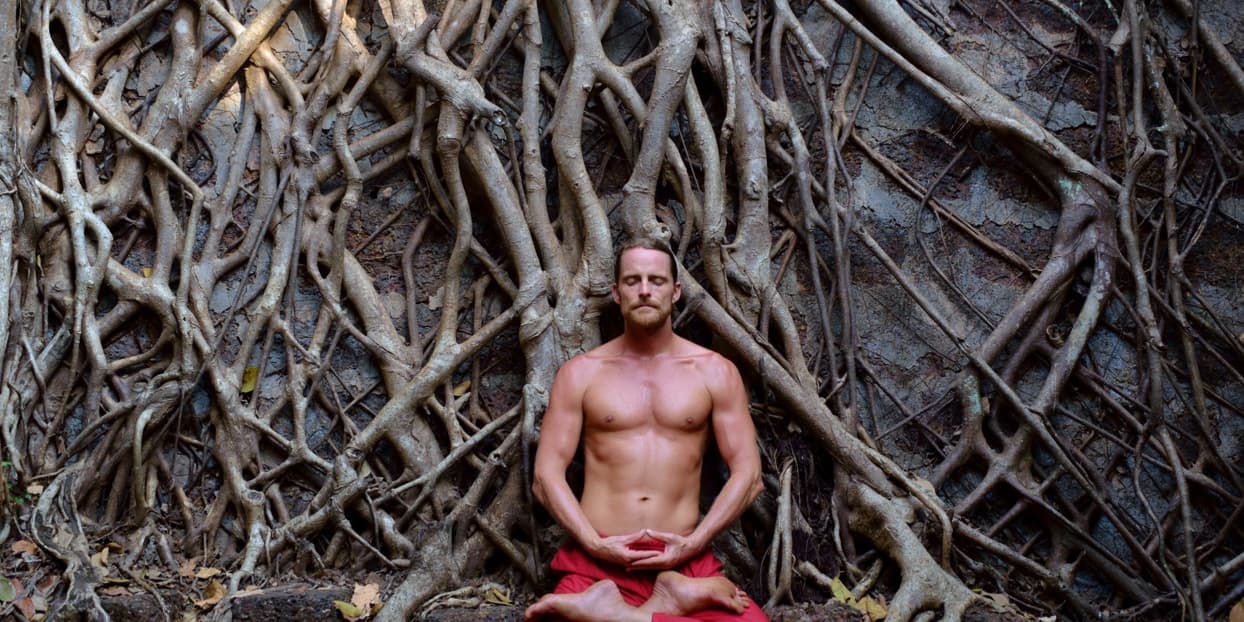 Jason Milne meditating under banyan tree roots in India, 2015